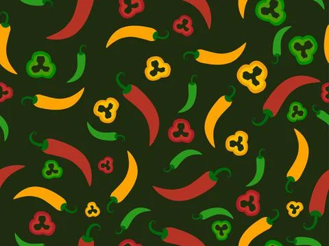 Pepper seamless pattern. Multi-colored chili peppers in circles and whole. De Stock Illustration