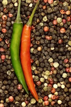 Pepper set vertical parallel red green peppercorns white black background bas Stock Photos