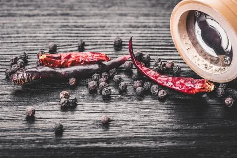 Pepper with spices close-up Stock Photos