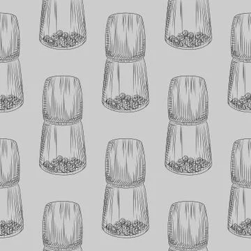 Peppercorn mill seamless pattern. Grinder spices and food ingredients wallpap Stock Illustration
