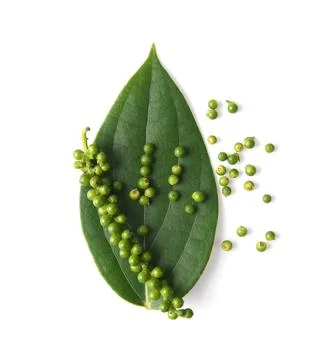 Peppercorns with leaf isolated on a white background. top view Stock Photos