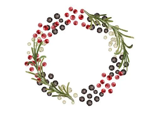 Peppercorns round frame watercolor. Hand drawn dried black, white and pink Stock Illustration