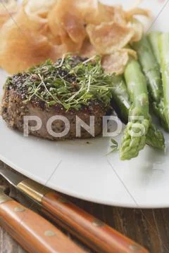 Peppered Steak With Cress, Green Asparagus & Potato Crisps