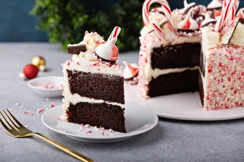 Peppermint bark and chocolate cake for Christmas on a festive background Stock Photos