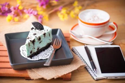 Peppermint cheese cake in cafe Stock Photos