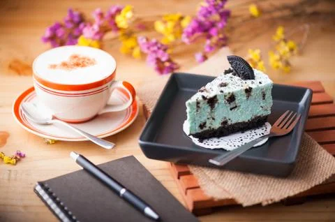 Peppermint cheese cake in cafe Stock Photos