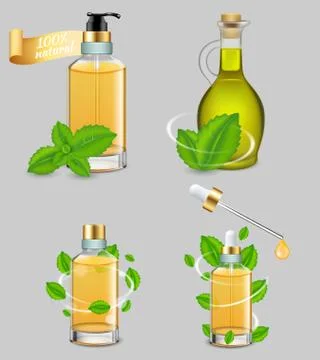 Peppermint essential oil set, vector realistic illustration Stock Illustration