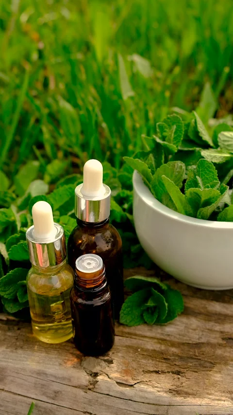 Peppermint extract essential oil and supplements. Selective focus. Stock Footage 311162137