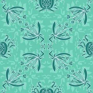 Peppermint Green Floral Repeat Pattern With Teal Green Details In A Symmetric Stock Illustration
