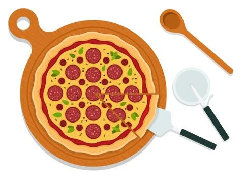 Pepperoni on board with pizza appliance vector flat isolated Stock Illustration