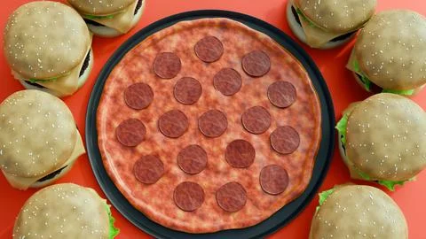 A pepperoni pizza on a black pan and hamburgers. Stock Illustration