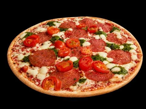 Pepperoni Pizza with Cherry Tomatoes, Mozzarella and Pesto Isolated on Blac.. Stock Photos