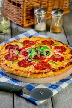 Pepperoni Pizza. Fresh homemade pizza. Stock Photos