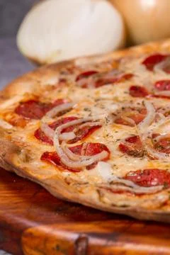 Pepperoni pizza on gray background Stock Photos
