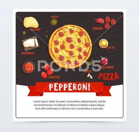 Pepperoni pizza label, pizzeria menu, whole hot pizza with the ingredients: Graphic #80717277