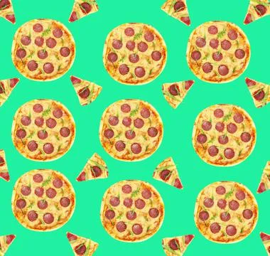 Pepperoni pizza pattern design on light green background Stock Photos
