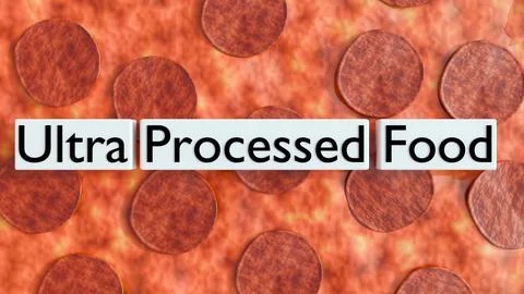 Pepperoni pizza with rectangular boxes labeled "ultra processed food." Stock Illustration