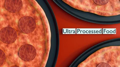 Pepperoni pizza with rectangular boxes labeled "ultra processed food." Stock Illustration