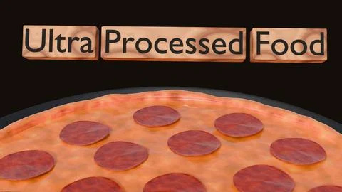 Pepperoni pizza with rectangular boxes labeled "ultra processed food." Stock Illustration