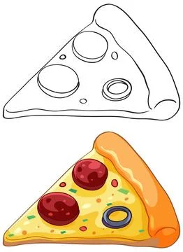 Pepperoni Pizza Slice Vector Illustration in Color and Line Art Stock Illustration