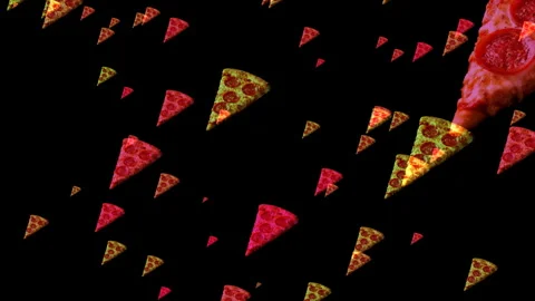 Pepperoni Pizza Slices Falling Pattern on Black Background Stock Footage 331958854