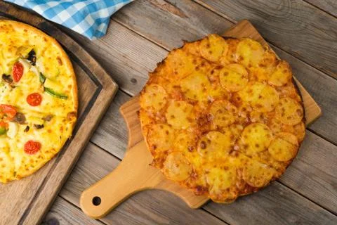 Pepperoni pizza top down view with copyspace Stock Photos