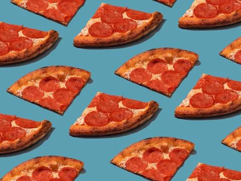 Pepperoni slice pizza pattern. Food pattern with hard shadows Stock Photos
