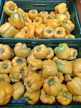 Peppers in boxes at a grocery store Stock-Fotos