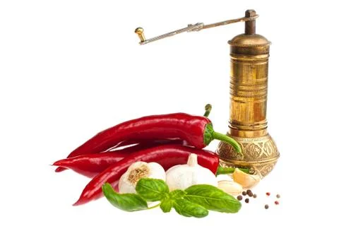 Peppers, garlic, basil. Stock Photos