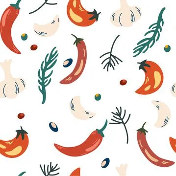 Peppers seamless pattern. Hot peppers, garlic and herbs background. Healthy f Stock Illustration