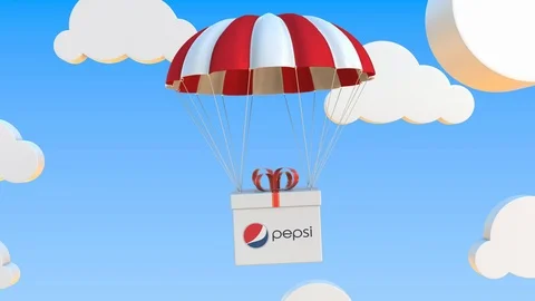 PEPSI logo on moving box moves under parachute. Editorial loopable 3D animation Stock Footage 123109577