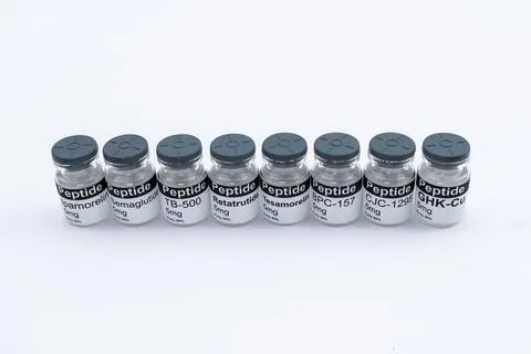 Peptide vials containing various research compounds for health Stock Photos