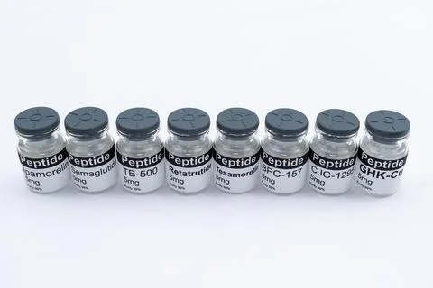 Peptide vials containing various research compounds for health Stock Photos