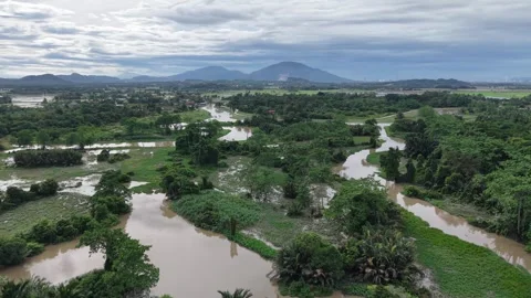 Perai Flooded River and Floodplain After Heavy Rain Stock Footage 332249040