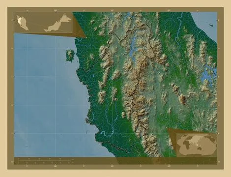 Perak, Malaysia. Colored elevation map with lakes and rivers Stock Illustration