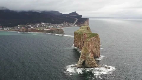 Perce Rock in the ocean aerial Stock Footage 201904117