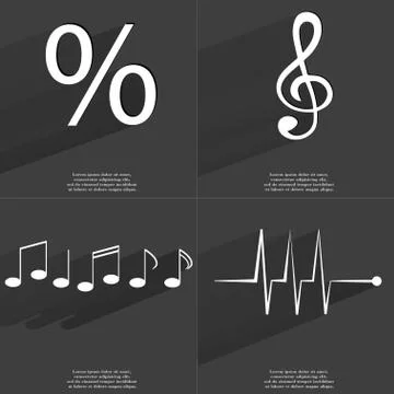 Percent, Clef, Notes, Pulse icon sign. Set of Symbols with Flat design and Lo Stock Illustration