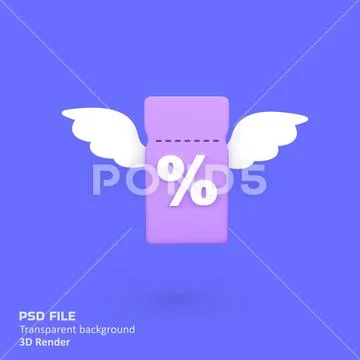 Percent discount tag with white wings isolated 3d render icon illustration PSD Template