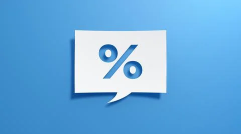 Percent Speech Bubble. White cut out paper on blue background. 3D Render. Illustrazione stock