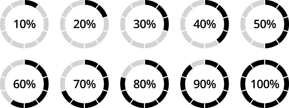 Percentage circle set. Progress or loading percentage infographic icons Illustrazione stock