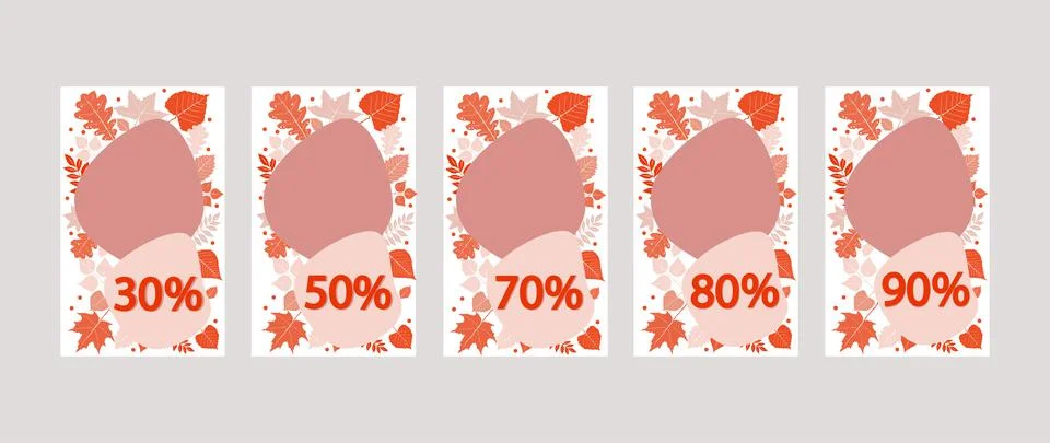 The percentage of discounts. A set of five leaflets with a discount percentage. Stock Illustration