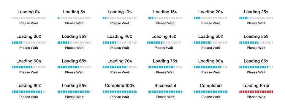 Percentage loading bar from 0-100 percent with a difference of 5% in blue color. Stock Illustration