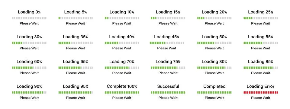 Percentage loading bar from 0-100 % with a difference of 5% in green color. Stock Illustration