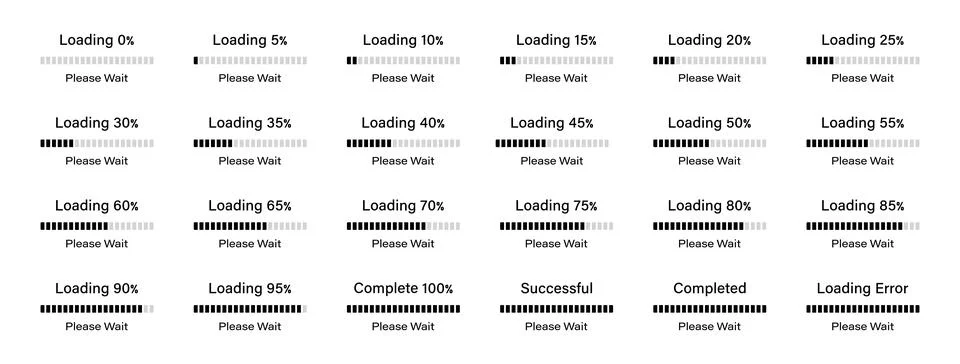 Percentage loading bar from 0-100% with a difference of 5% in black color. Stock Illustration