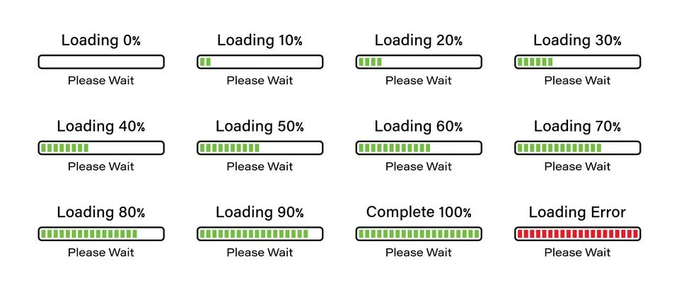 Percentage loading rectangular bar set from 0 to 100 percent in green color. Stock Illustration
