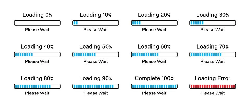 Percentage loading rectangular bar set from 0-100 percent in blue color. Stock Illustration
