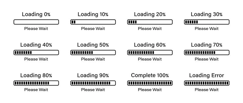 Percentage loading rectangular bar set from 0 to 100 percent in black color. Stock Illustration