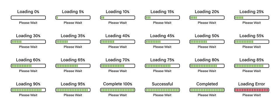 Percentage loading rectangular bar set from 0-100 percent with a of 5% in green. Stock Illustration