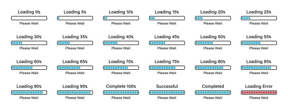 Percentage loading rectangular bar set from 0 to 100 percent  5% in blue color. Stock Illustration