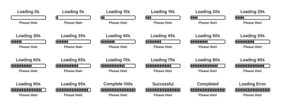Percentage loading rectangular bar set from 0-100 percent with a of 5% in black. Stock Illustration